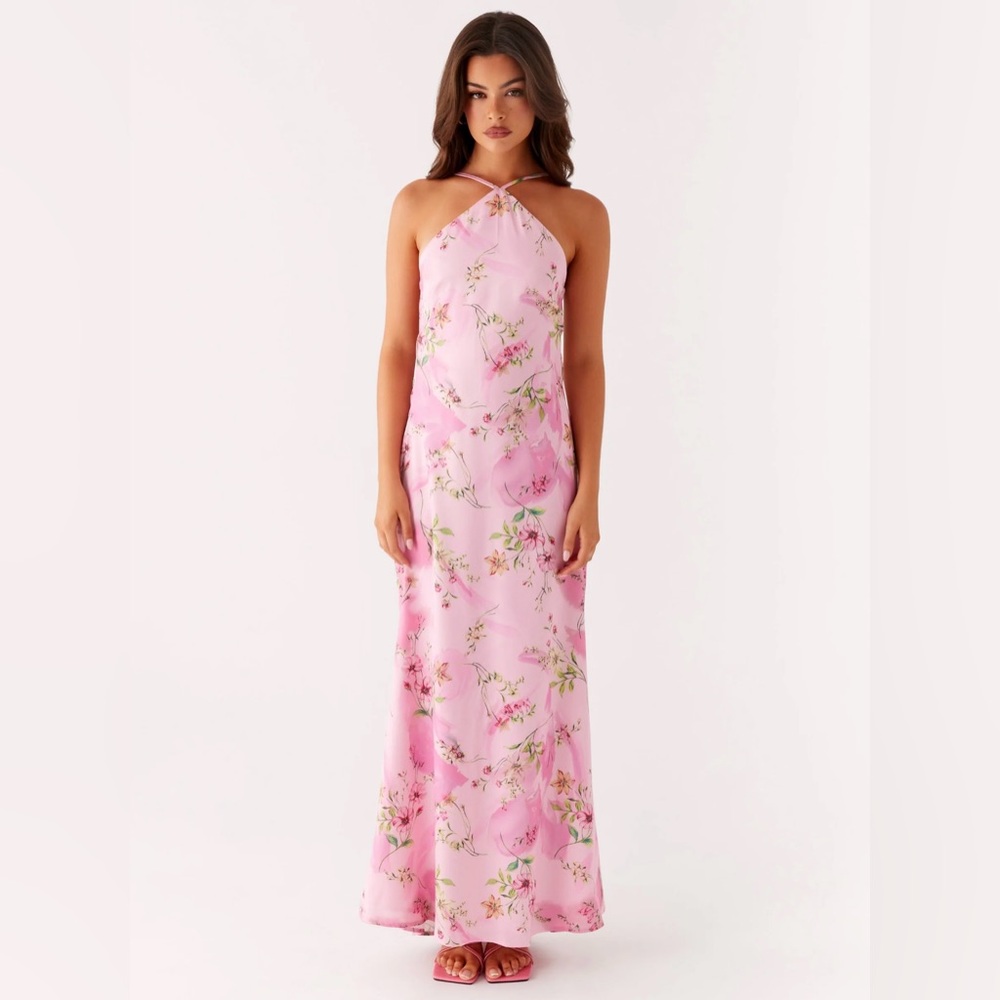 Peppermayo Floral Pink Halter Maxi Dress Wedding Guest/Formal Gown/Spring/Summer
